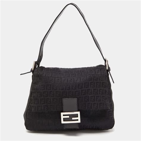 fendi black zucchino canvas & leather baguette|Fendi chenille bag.